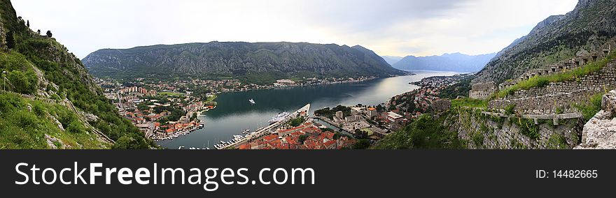 View of the Kotor and Kotor Bay. Montenegro. Panorama the review from 6 shots