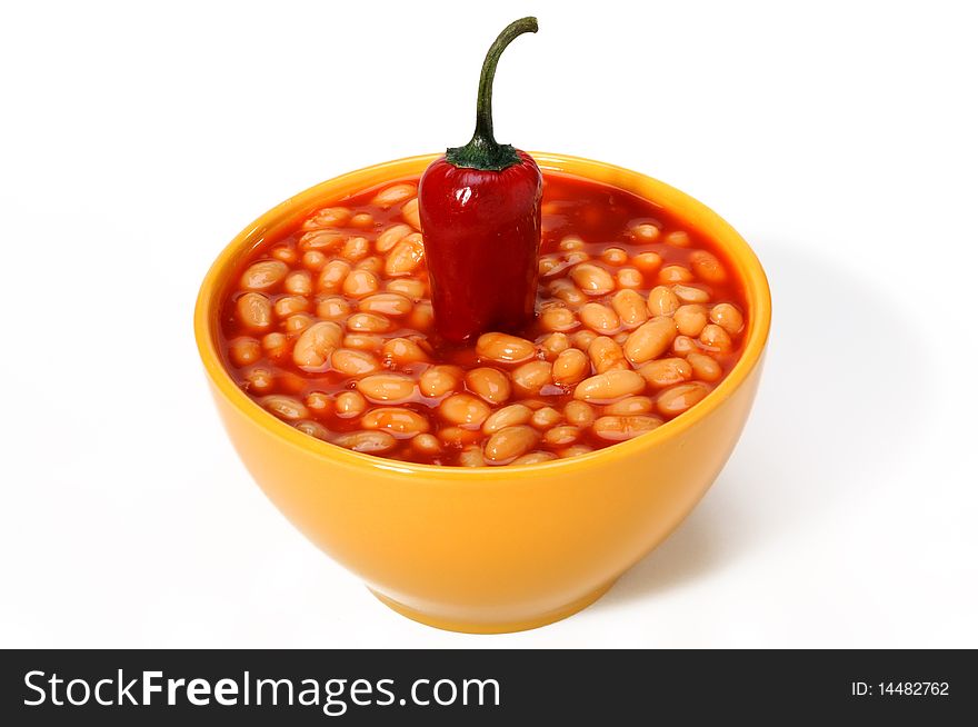 Bowl of chili with pepper and beans isolated on white