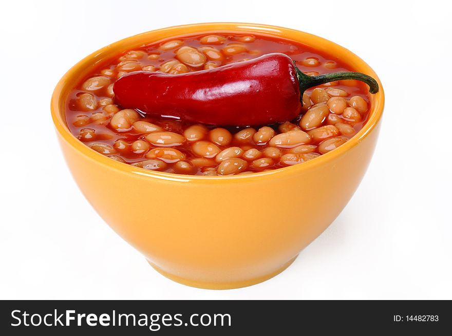 Bowl of chili with pepper and beans isolated on white