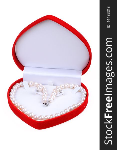 Pearl necklace in gift box isolated on white