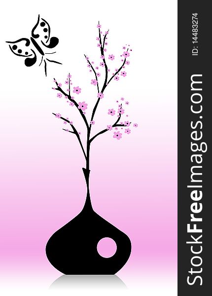 Picture of black vase with branch of cherry tree and butterfly on pink background