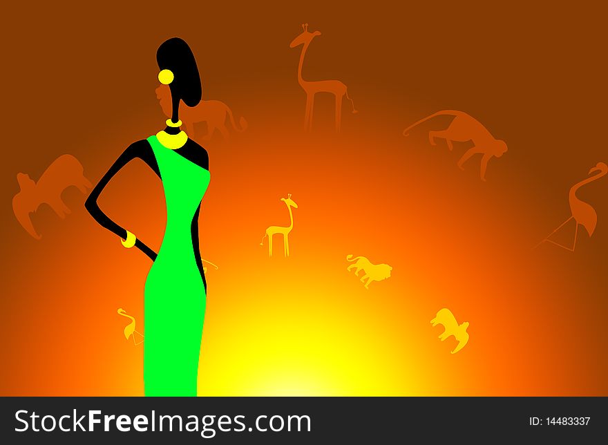 Picture of african woman in green dress on sunset. Picture of african woman in green dress on sunset