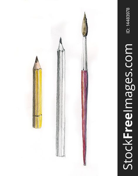Three tools for student or painter. Hand made illustration. Three tools for student or painter. Hand made illustration.