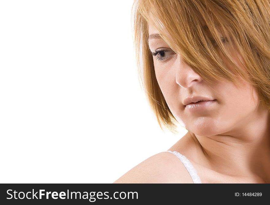 Young beaty blonde woman with bare shoulders, makeup. Isolated on the white. Young beaty blonde woman with bare shoulders, makeup. Isolated on the white