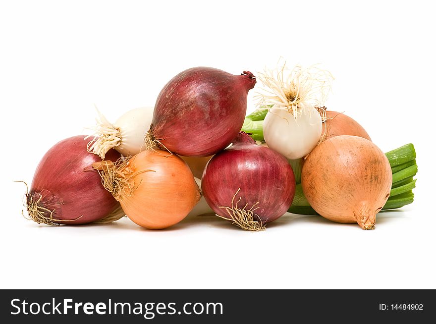 Variety of fresh onions isolated on white background. Variety of fresh onions isolated on white background