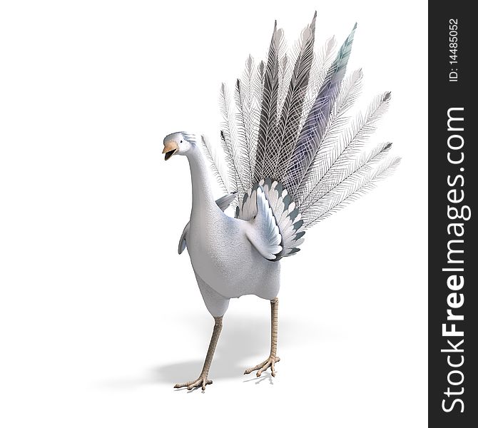 White fantasy bird with beautiful feathers. 3D rendering with clipping path and shadow over white