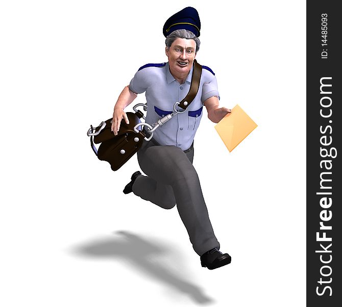 Very sweet postman running to you. 3D rendering with clipping path and shadow over white