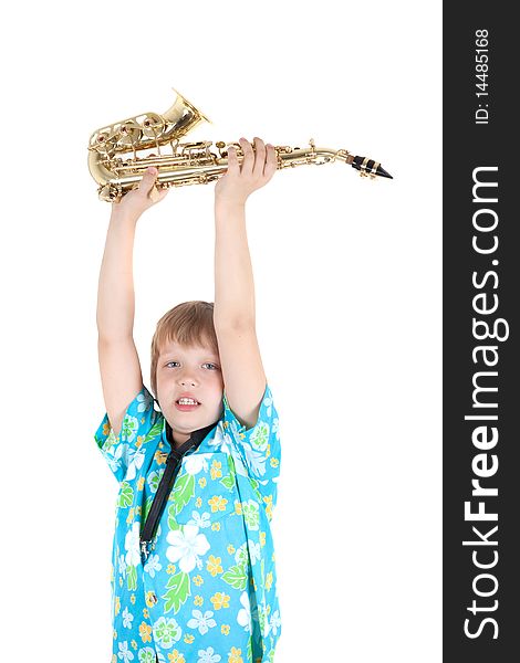 Boy with saxophone  isolated on white