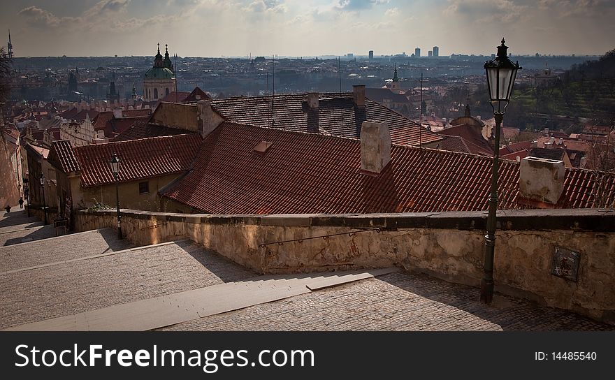 Panorama of Prague, view castle stairs