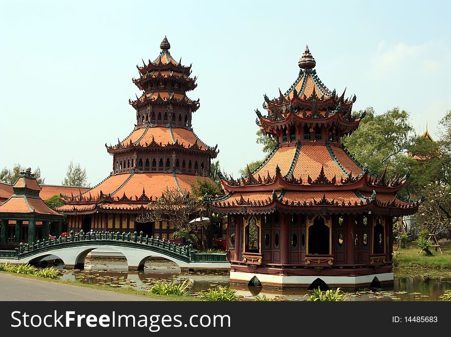 A couple of reproduce chinese pagoda at Samutprakarn Thailand