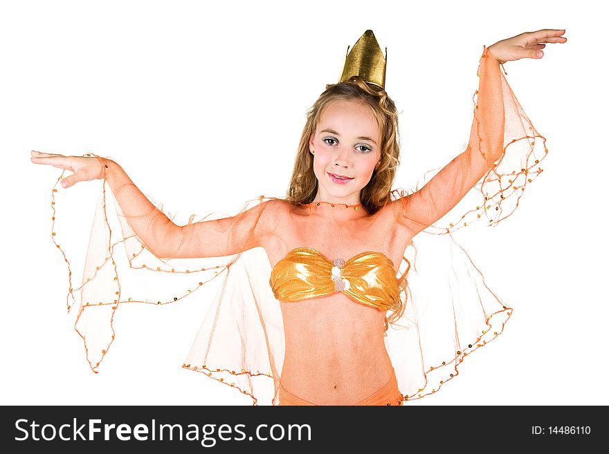 Little girl in princess costume on white background