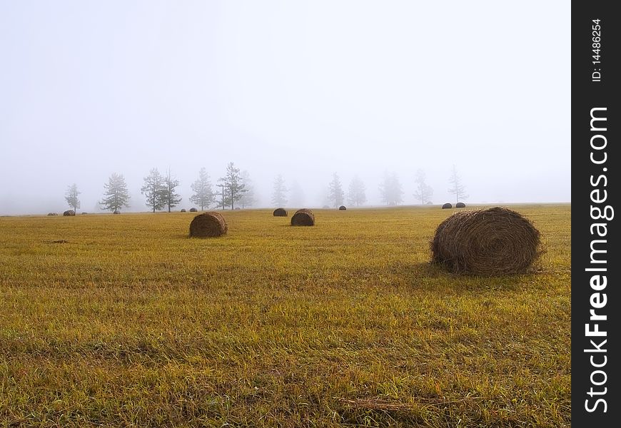 Haystacks in a fog in the mountains