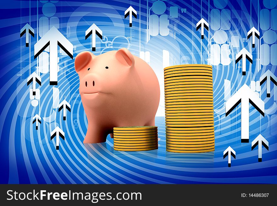 Piggy bank with gold coins on color background. Piggy bank with gold coins on color background