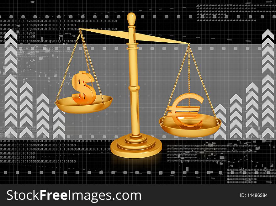 Digital illustration of balancing scale  euro and dollar in color background