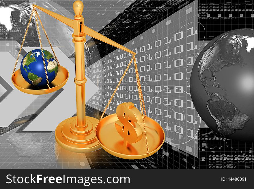 Digital illustration of balancing scale  world and dollar in color background