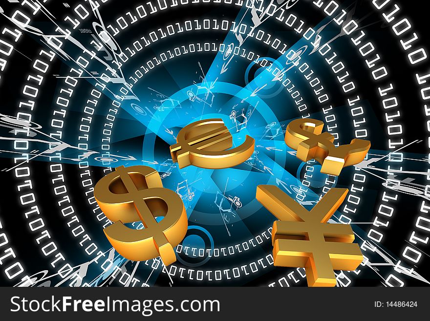 Digital illustration of world and world currency in color background