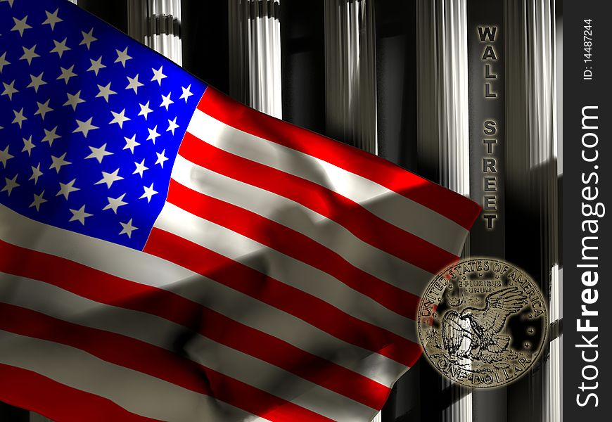 A  north-american flag in foreground of columns that remind those of the Wall Street edifice.
The foreground of the image reminds the financial character of this place. A  north-american flag in foreground of columns that remind those of the Wall Street edifice.
The foreground of the image reminds the financial character of this place.