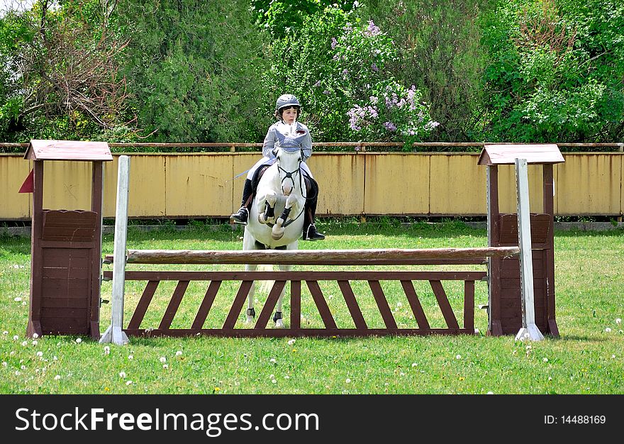 Young children jockey riding beautiful racial white aristocratic England horse in parkour competition. Young children jockey riding beautiful racial white aristocratic England horse in parkour competition