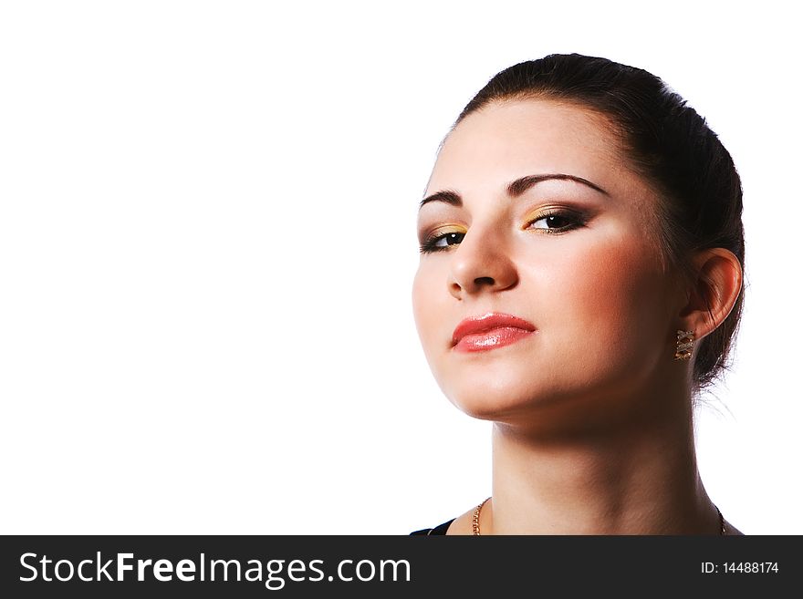 Portrait of young charming brunette woman on white background.