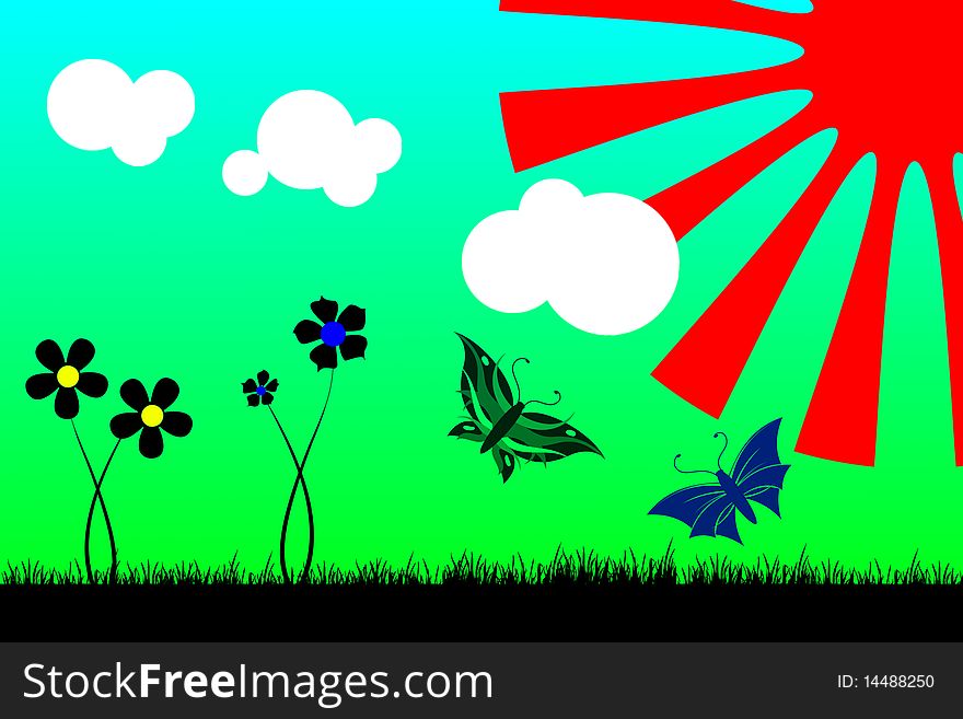 Vivid illustration of the grass, butterflies, flowers, clouds and sunshine. Nice background. Vivid illustration of the grass, butterflies, flowers, clouds and sunshine. Nice background