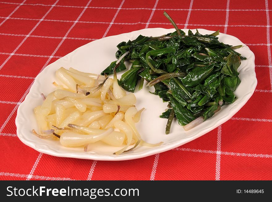 Old-fashioned dish with the cooked greens and bulbs of freshly harvested ramps. Old-fashioned dish with the cooked greens and bulbs of freshly harvested ramps.