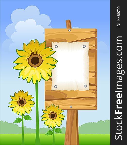 Summer landscape with sunflower and wooden sign