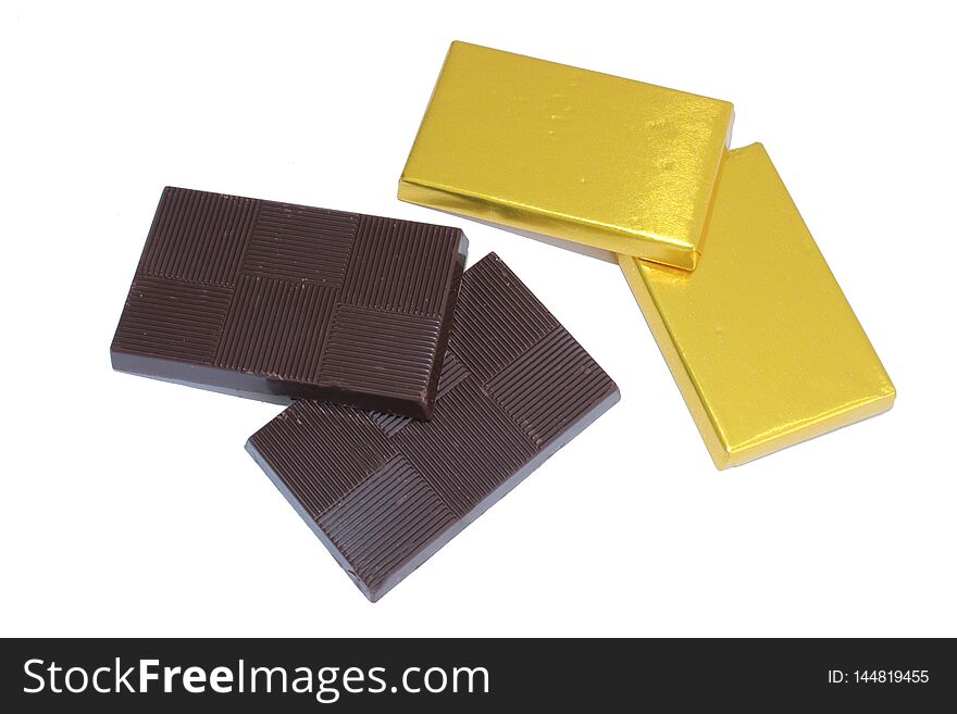 Fresh chocolate gold bars in white bg