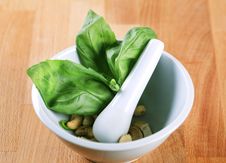 Basil And Cashews In A Mortar Stock Photo Basil And Cashews In A Mortar Stock Photo