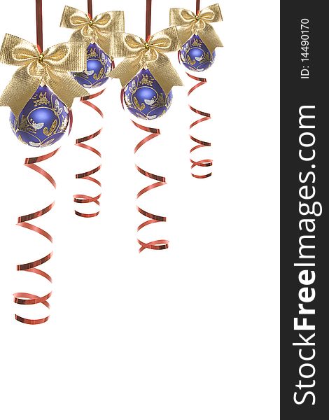 Postcard. Decorated Christmas balls hanging. Isolated on white background