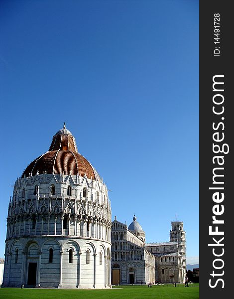 Miracle square with the baptistery and the leaning tower. Miracle square with the baptistery and the leaning tower