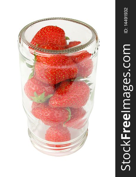 Strawberries in upset jar isolated on white background. Strawberries in upset jar isolated on white background