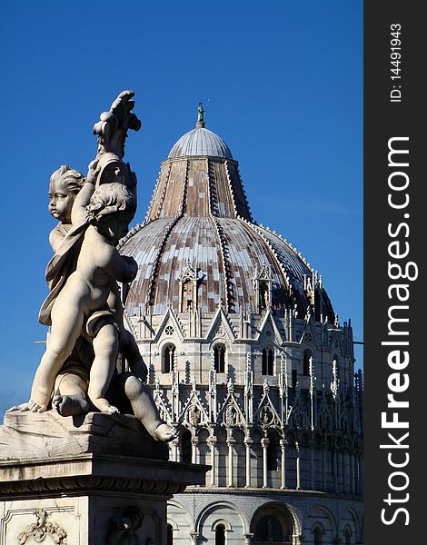 The baptistery in Pisa with sculpture. The baptistery in Pisa with sculpture