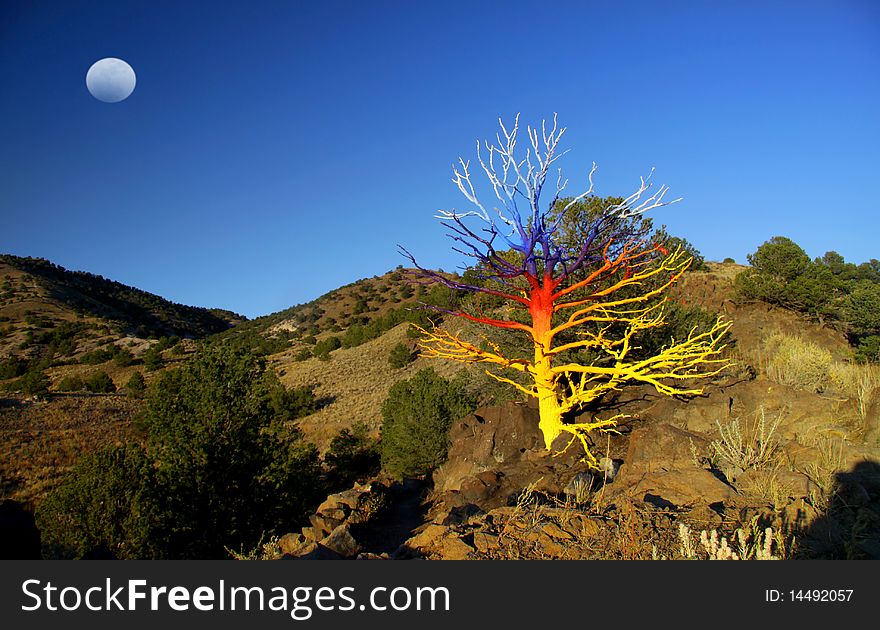 Colored tree on the hill in moon light