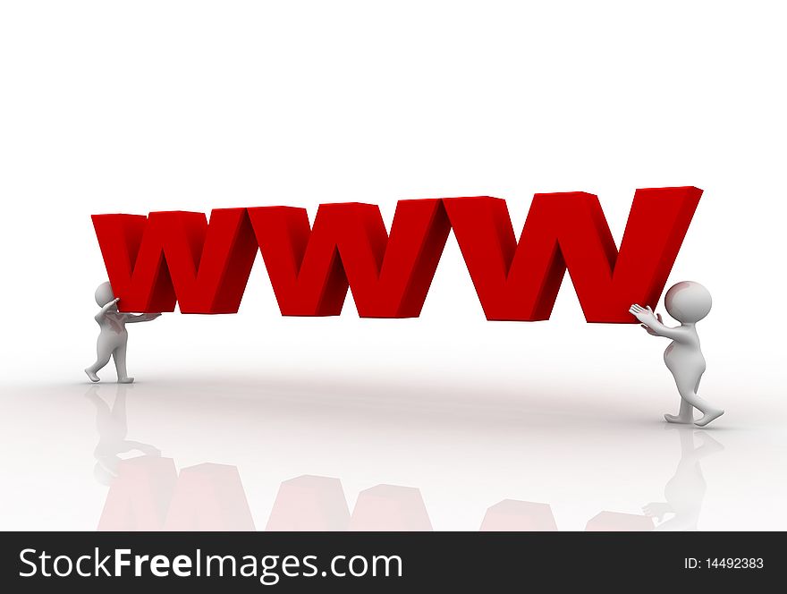 3d men lifting letters WWW of red color on white background