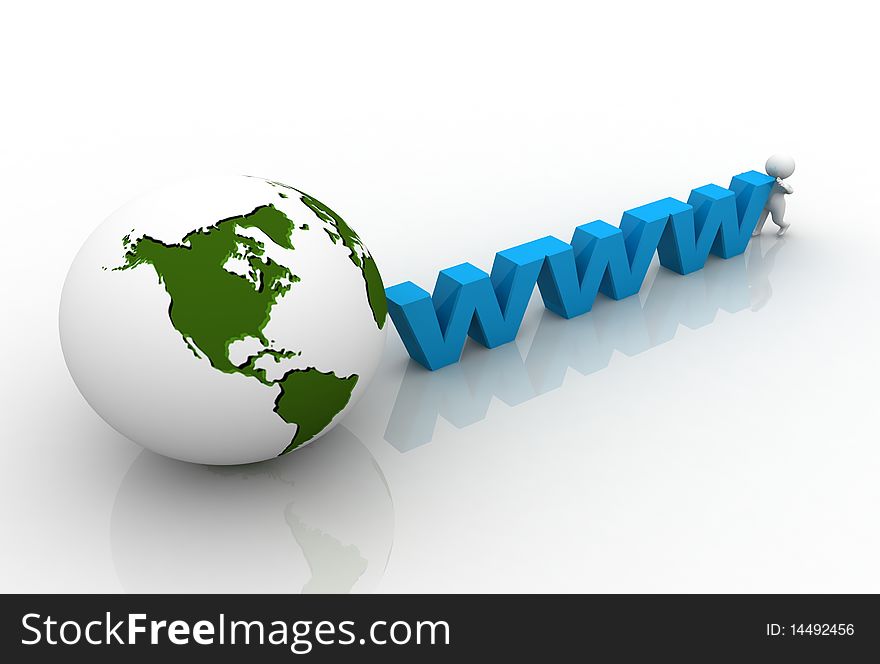 3d rendering earth and WWW with man on white background. 3d rendering earth and WWW with man on white background