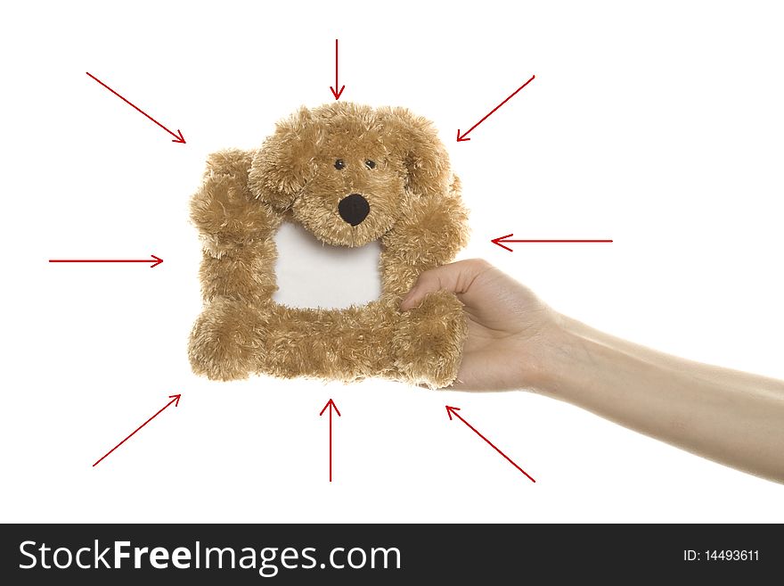 Soft toys, photo frame in hand isolated on white background. Soft toys, photo frame in hand isolated on white background