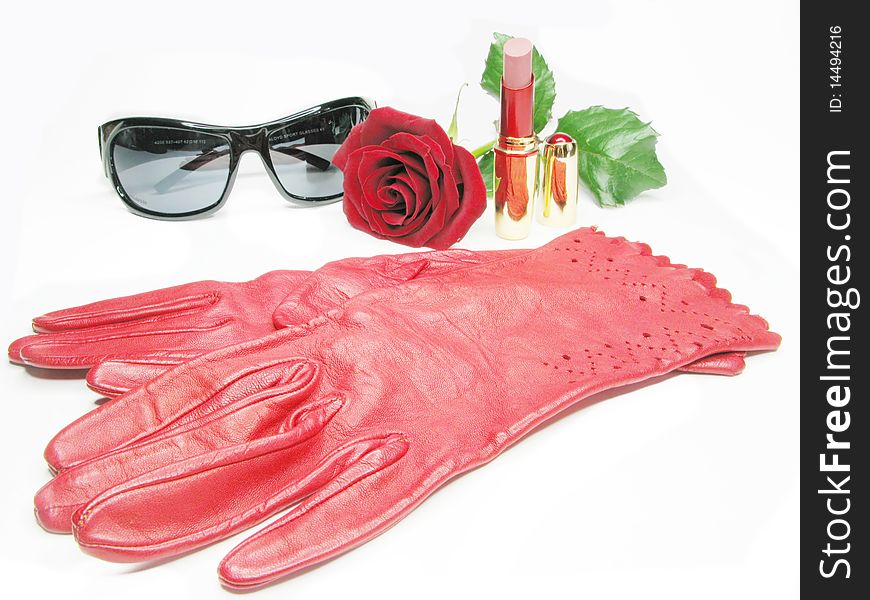 Red women gloves sunglasses lipstick rose as clothing accessory