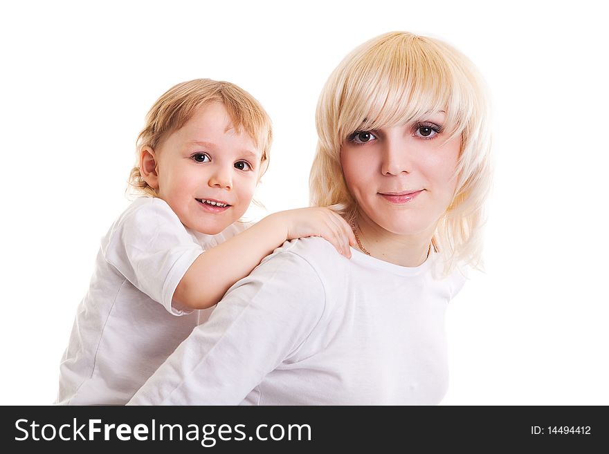 Young mother and little son. It is isolated on the white