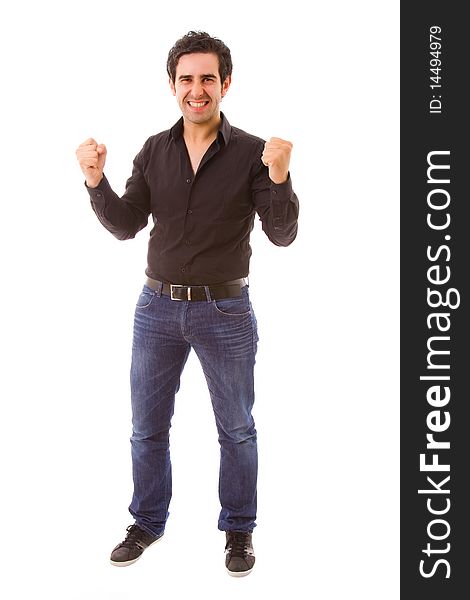 Happy young man with arms raised, isolated on white