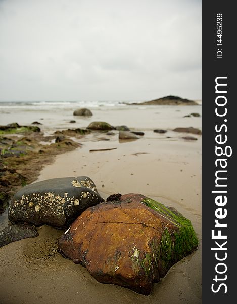 Rock formation in the sand on sea shore with copy space. Rock formation in the sand on sea shore with copy space.