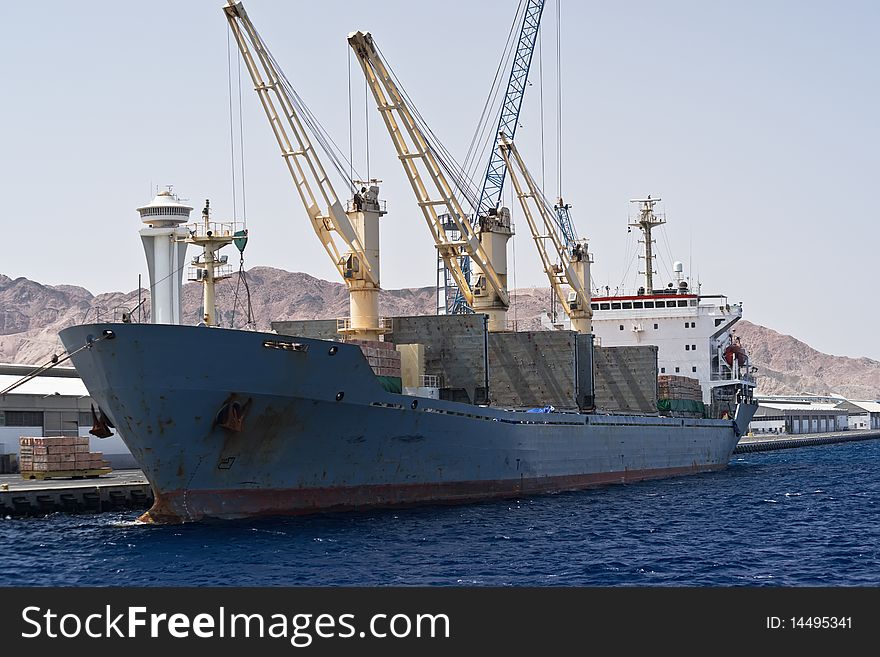 Cargo ship docked in Aqaba port. Jordan. Cargo ship docked in Aqaba port. Jordan