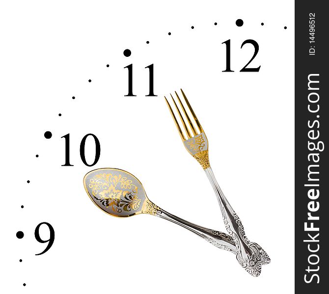 Clock made of spoon and fork isolated on white background