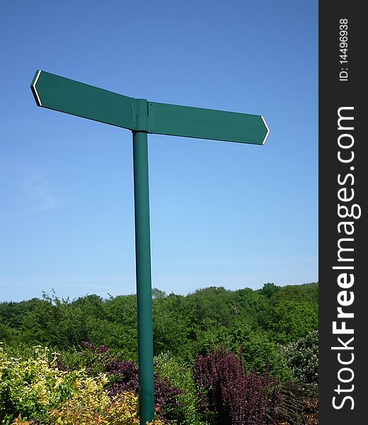 Sign post on a blue sky background with shrubs.