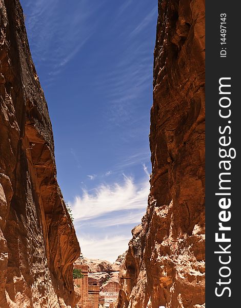 The Siq, the narrow slot-canyon that serves as the entrance passage to the hidden city of Petra, Jordan