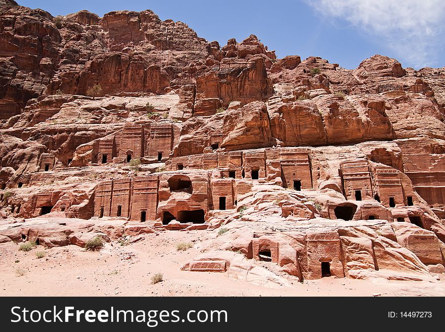 Wide View Of Large Cliff Side Tombs