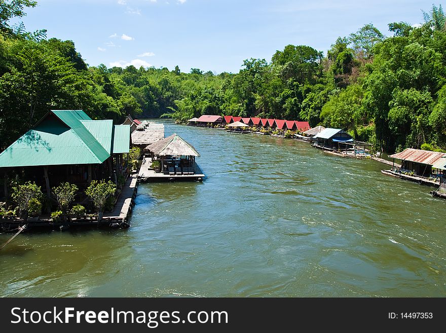 Floating raft house on the river
