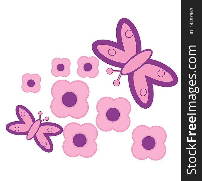 Vector illustration of pink flowers and butterfly. Vector illustration of pink flowers and butterfly