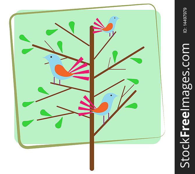 A vector illustration of a tree and leaves with birds sitting on the branches. A vector illustration of a tree and leaves with birds sitting on the branches