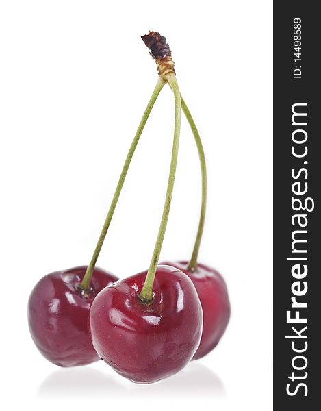 Three delicious Cherries on a white background (with clipping path)
