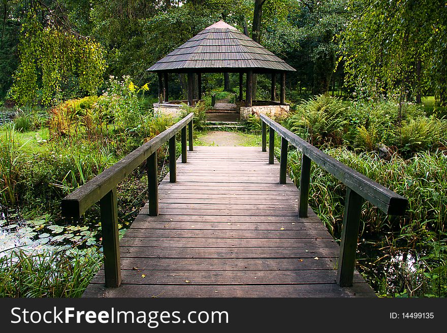 The shelter  in the park with pond